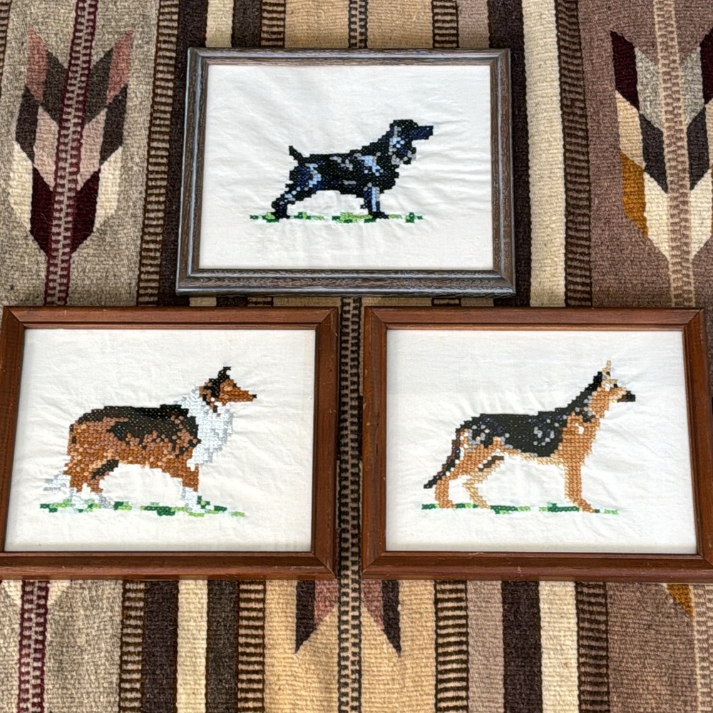 Vintage Handmade Cross Stitch Dog Pictures Set of 3